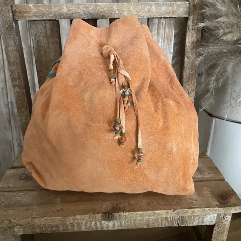 COPY - Genuine Suede Hand-crafted Drawstring Beaded Bag Peach NEW!